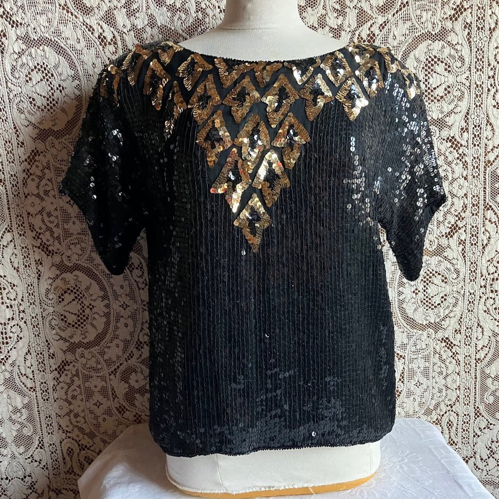 1980s 1990s Beaded Sequined Short Sleeve Dressy Top